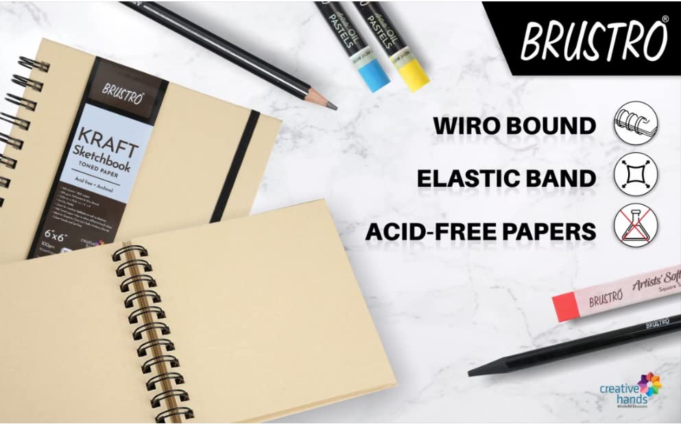 BRUSTRO Toned Paper - Kraft Sketchbook | A5, 100 GSM | 100 Sheets/200 Pages |Wiro Bound, Spiral, Premium,Acid-free Paper, Ideal for Dry media, Mandala Art, Graphite, Charcoal, Colour pencils, Gel pens