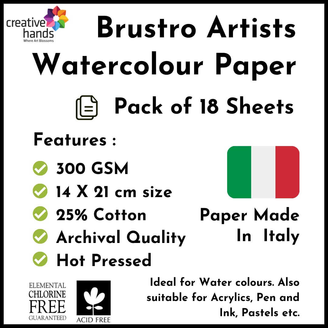 Brustro Artists Watercolour Paper, A5 300 GSM, 14 X 21 cm - 25% Cotton Hot Pressed, 18 Sheets