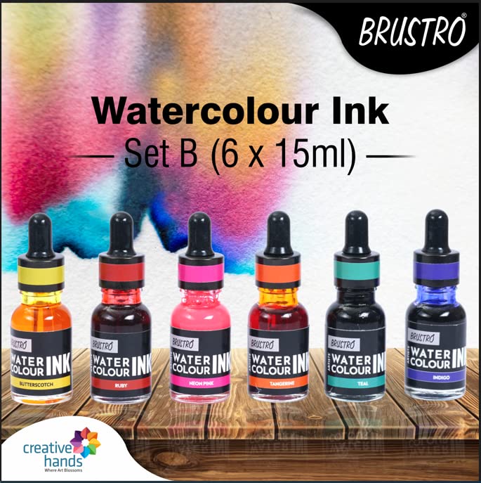 Brustro Watercolour Ink Set B of 6 x 15ml (6 Shades i.e. Butterscotch, Ruby, Neon Pink,Tangerine, Teal, Indigo) with Free Watercolour A5 Wiro Journal Worth Rs 399