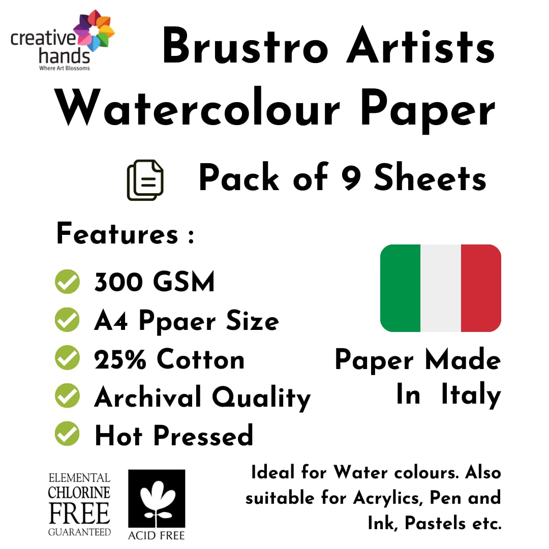 rustro Artists Watercolour Paper, 300 GSM, A4-25% Cotton Hot Pressed, 9 Sheets