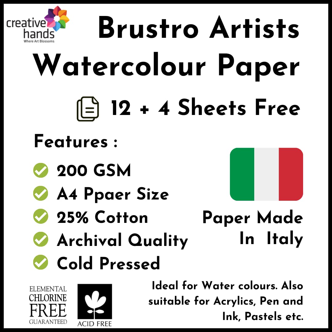 Brustro Artist's Watercolour Paper | 200 GSM, A4, 25% Cotton Cold Pressed, 12 + 4 Sheets | Ideal for Artist, Watercolor Painting, Dry & Wet Technique, Fine Art Students, School