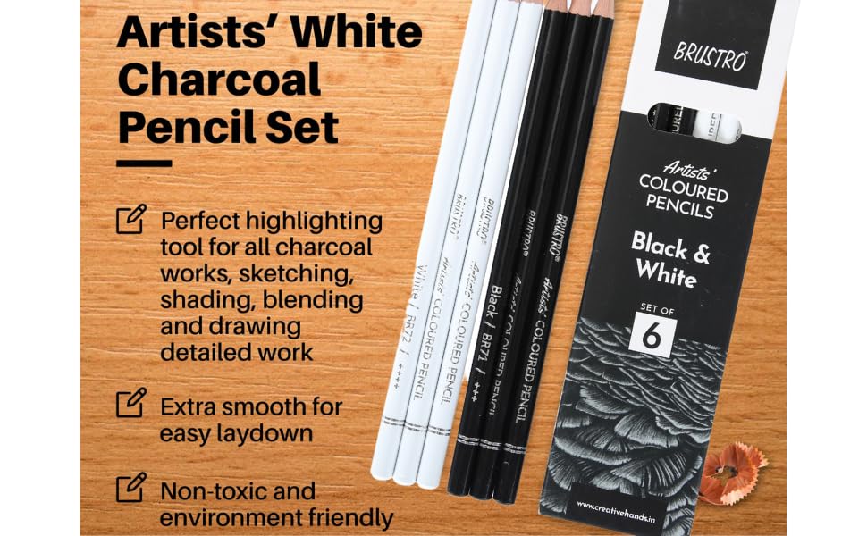 BRUSTRO Artists Coloured Pencils | Black & White | Set of 6 (3 Whites and 3 Blacks) | Ideal for Students and Adults, Color, Sketching, Shading, Drawing, Blending, Mandala Art, School, Office Use