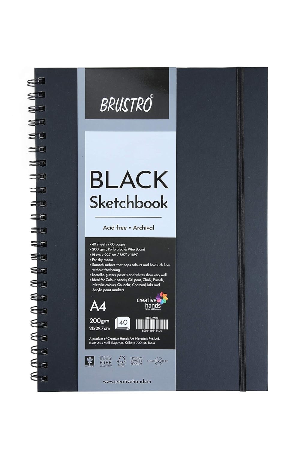 Brustro Black Sketchbook | A5, 200GSM | 40 Sheets/80 Pages | Wiro Bound, Spiral, Premium, Acid-Free Paper, Professional-Grade, Ideal for Dry Media, Mandala Art, Graphite, Charcoal, School, Office use