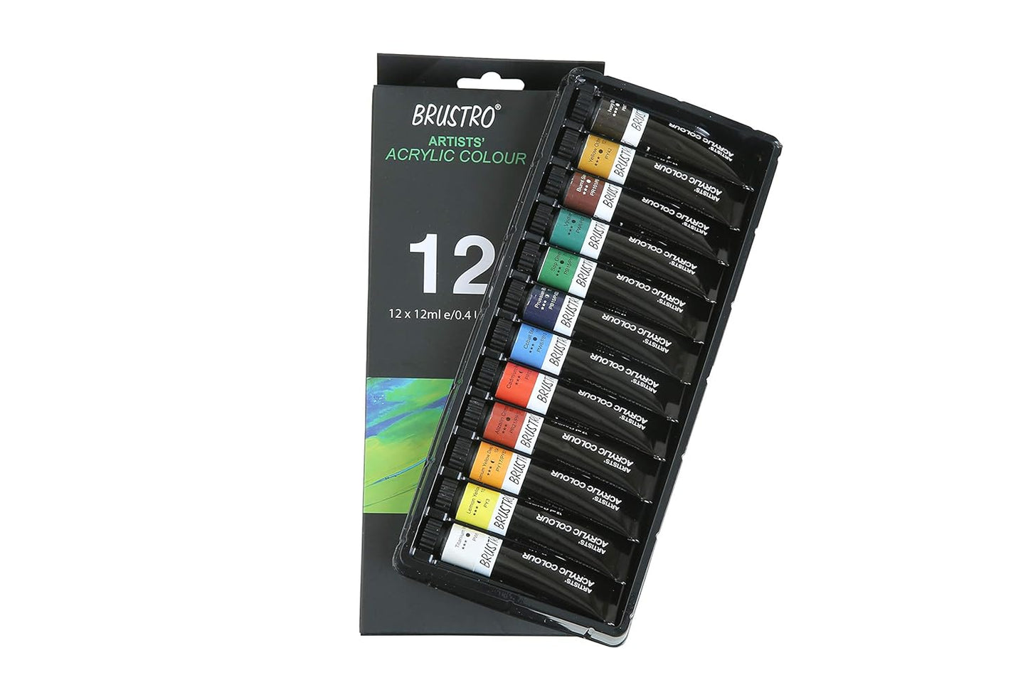 BRUSTRO Artist's Acrylic Colour | Set of 12 Colors X 12ml Tubes | Ideal for Students and Adults, DIY, Rich Pigment, Non-Craking Paint for Canvas, Wood, Leather, Portrait, Pouring Medium Art