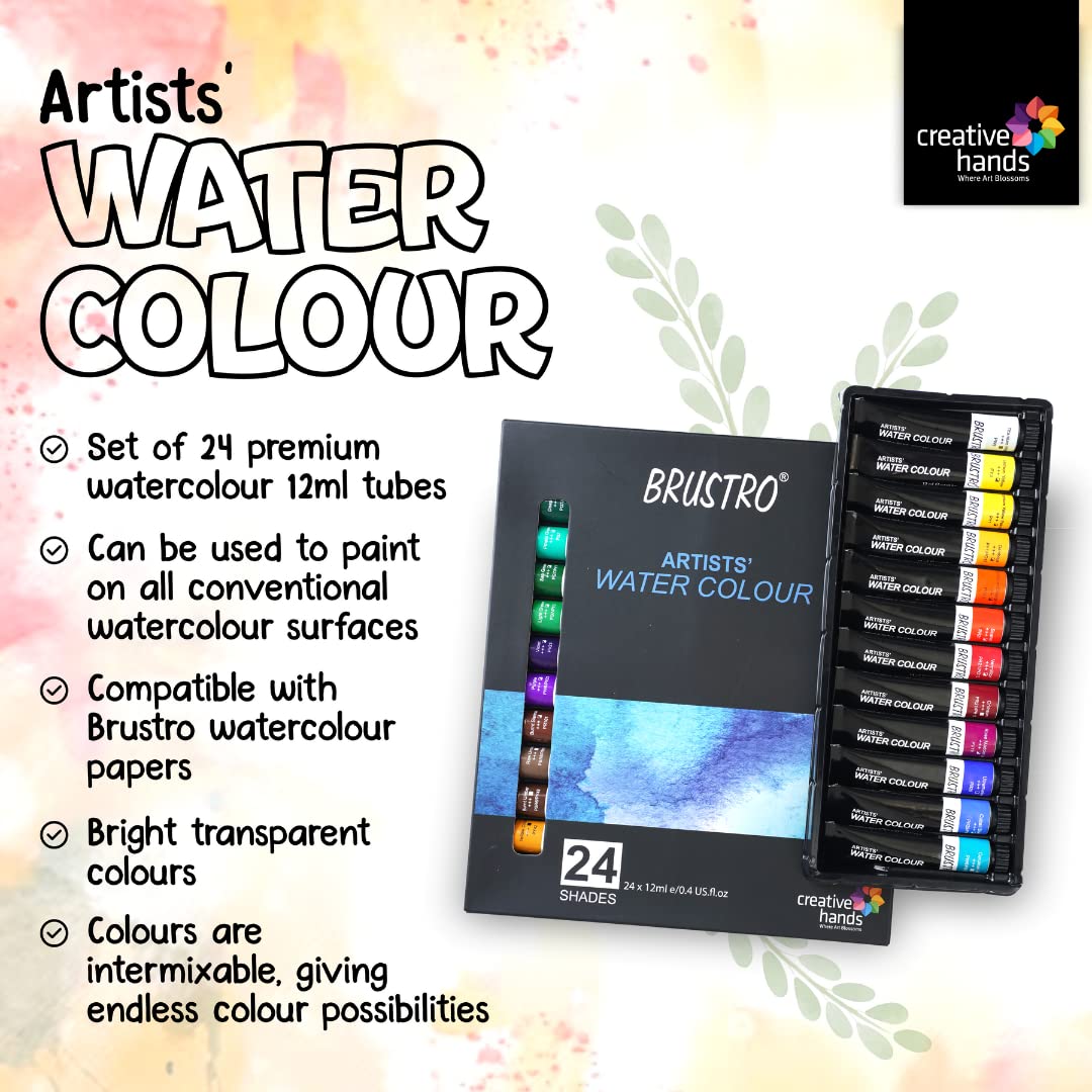 BRUSTRO Artists Watercolour Set of 24 Colours X 12ML Tubes | Suitable for Gouache, Acrylics, Watercolor, Oil Painting, Rich Pigments, Transparent, Intermixable Colours.