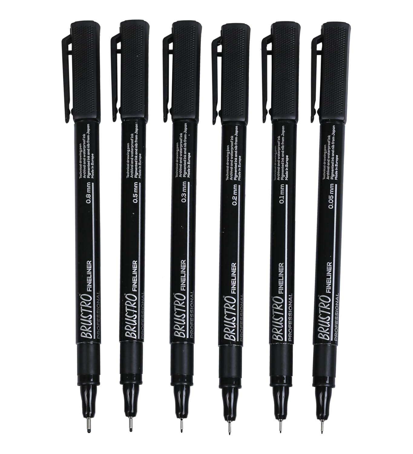 BRUSTRO Professional Pigment Based Fineliner Pen | Black | Set of 6 - Tip Sizes - 0.05mm, 0.1mm, 0.2mm, 0.3mm, 0.5mm, 0.8mm | Ideal For Mandala, Drawing,Artist Illustration,Sketching