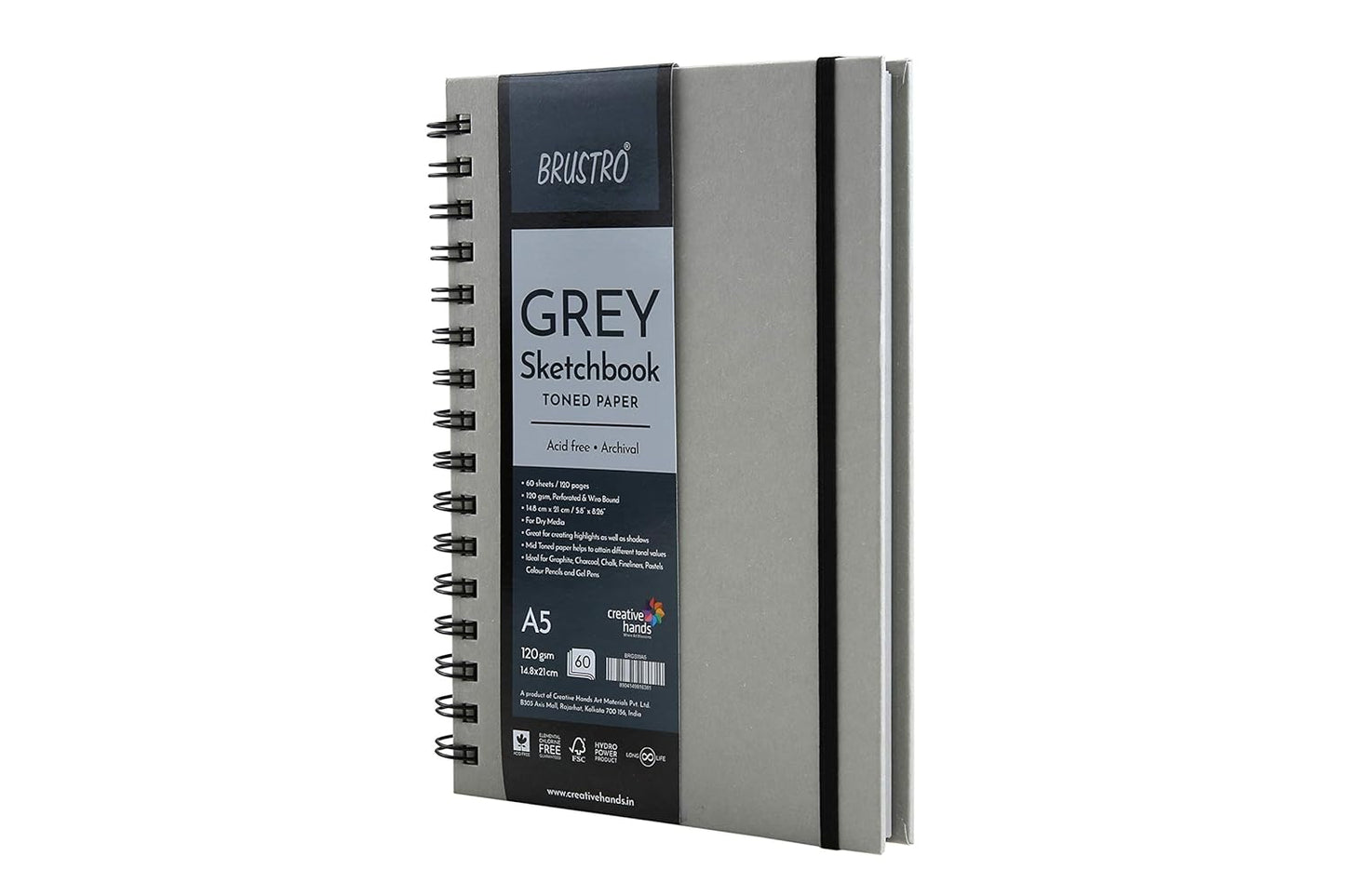 BRUSTRO Toned Paper - Grey Sketchbook | A5, 120 GSM | 60 Sheets/120 Pages |Wiro Bound, Spiral, Drawing, Sketching, Acid-free Paper, Dry media, Mandala Art, Graphite, Charcoal, Colour pencils, Gel pens