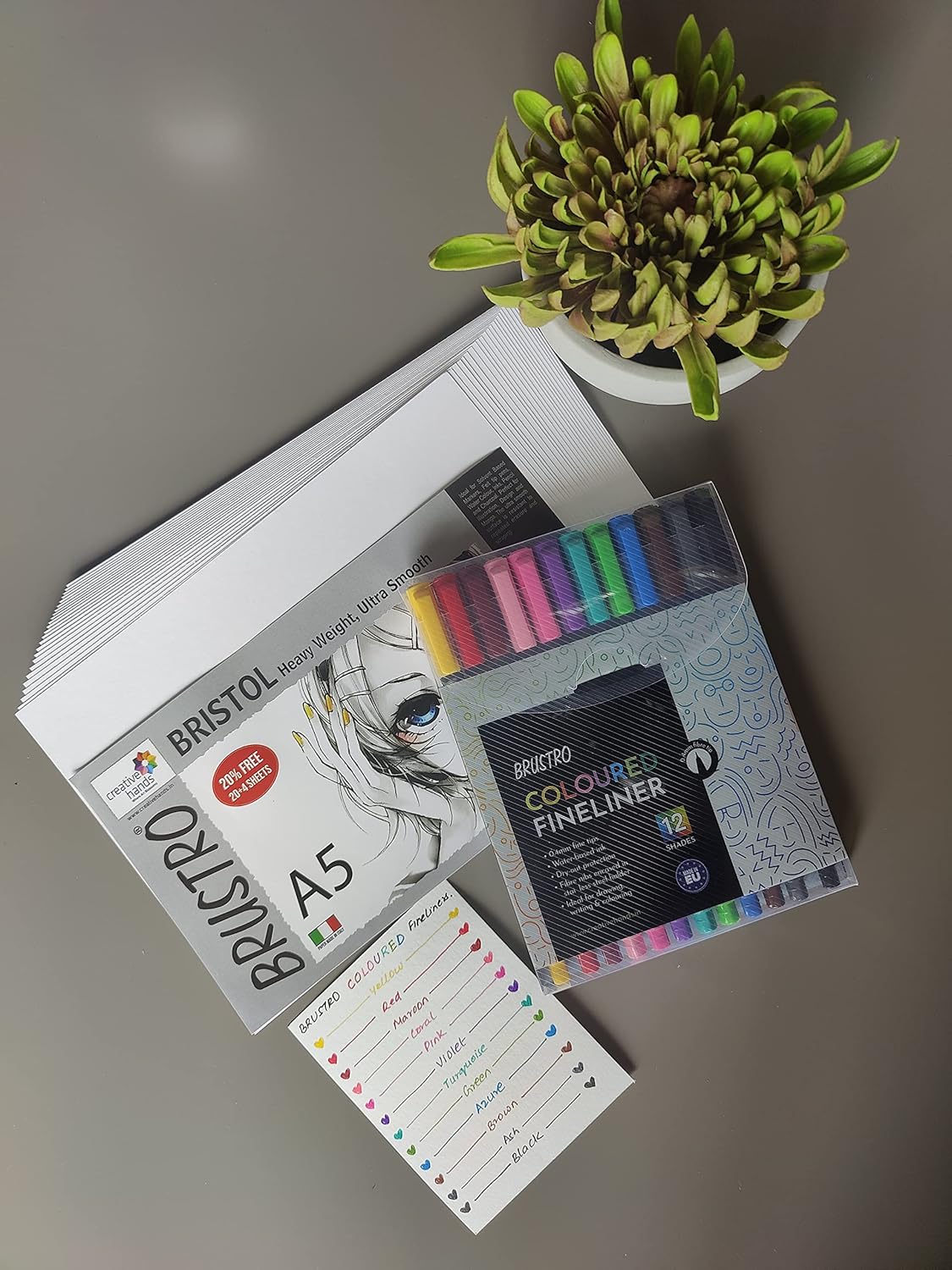 BRUSTRO Coloured Fineliner set of 12, 0.4mm. For writing, drawing, doodles, mandala etc with free Bristol ultra smooth paper A5 pack 24 sheets worth Rs 198