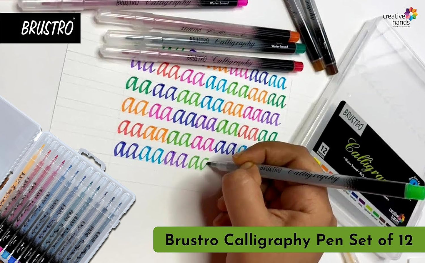 BRUSTRO Calligraphy Pen | 2mm | Set of 12 Colours | Non Toxic, Vibrant Colors, Writing, Waterbased, Fade resistant, Fast Drying | Ideal for Students, Professionals Use.