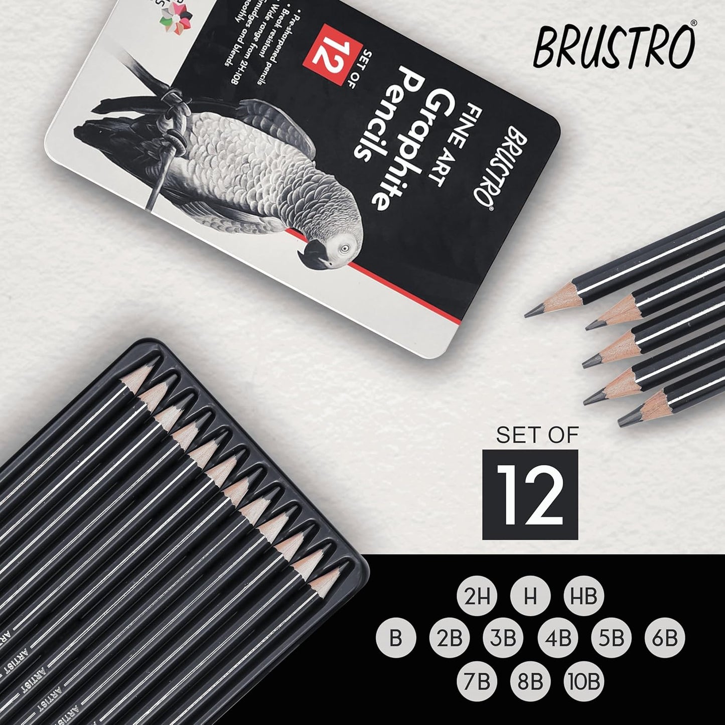 BRUSTRO Artists Fineart Graphite Pencil Set of 12 (10B-2H) with Elegant Tin Box