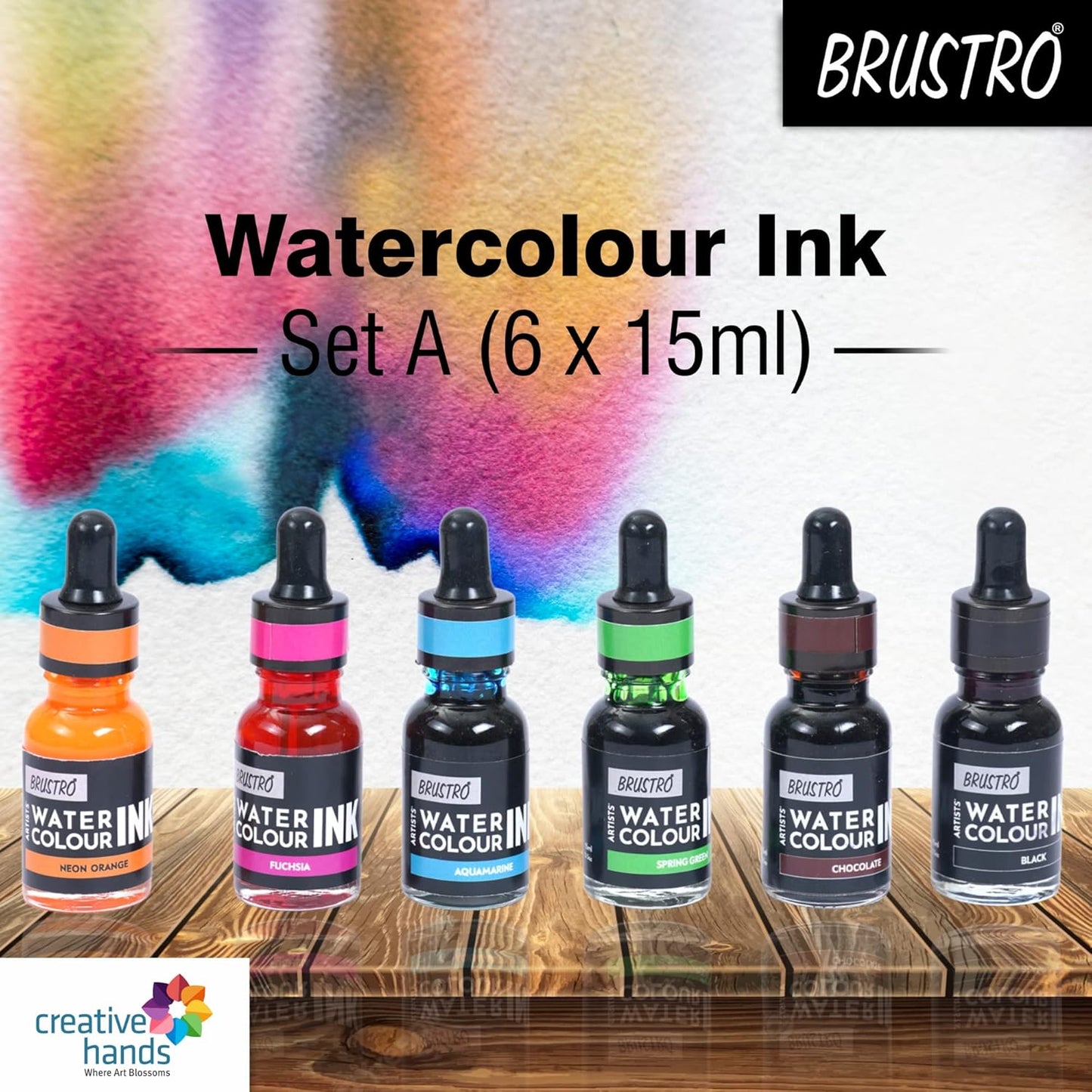 Brustro Watercolour Ink Set A of 6 x 15ml (6 Shades i.e. Fuchsia, Neon Orange, Aquamarine, Spring Green, Chocolate, Black) with Free Watercolour A5 Wiro Journal Worth Rs 399