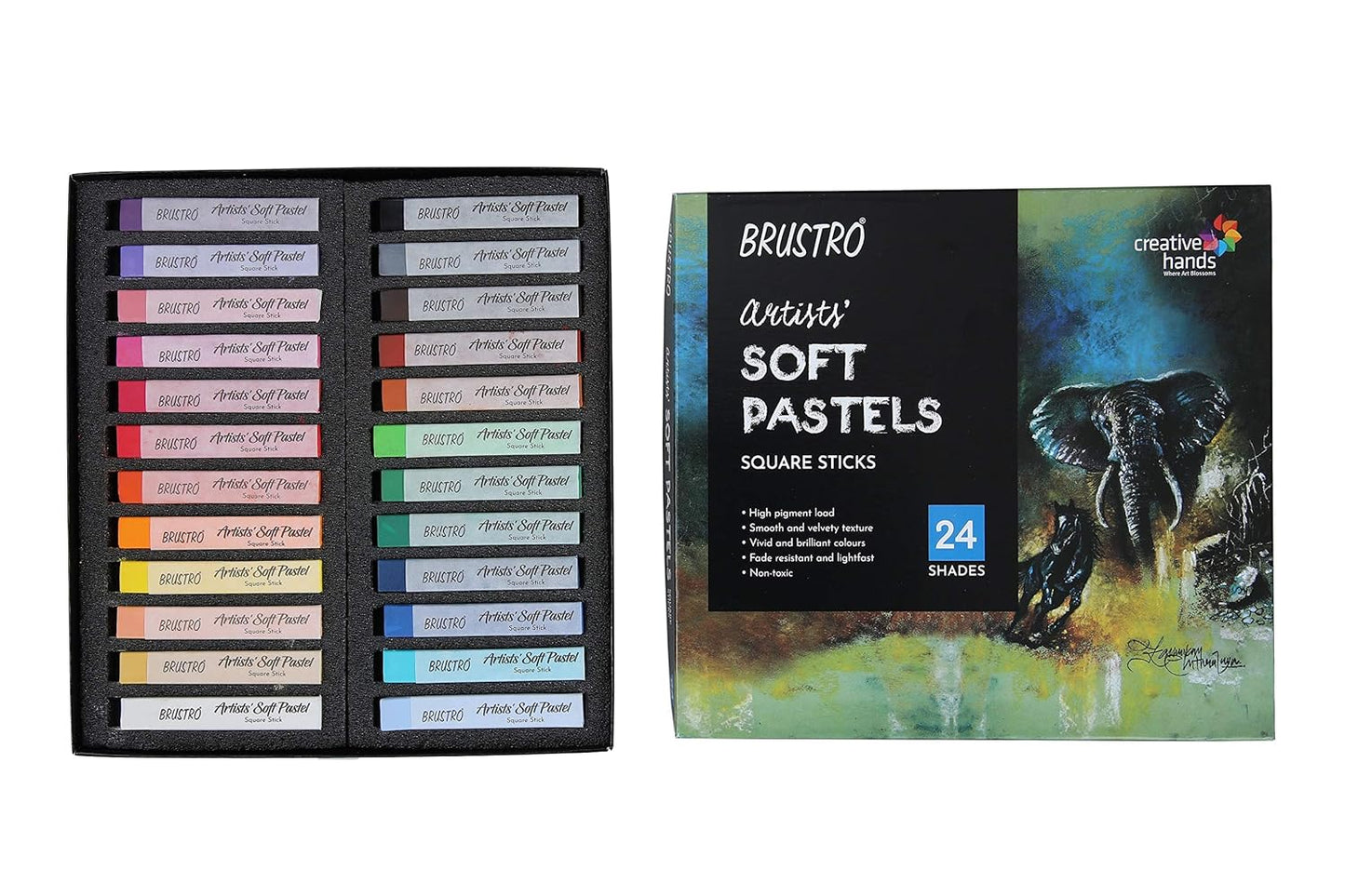 BRUSTRO Artist's Soft Pastels, Sticks - Set of 24 | Ideal for Layering, Blending, Scumbling, Vivid Colours, Intense Shades, Highly Pigmented, Fade Resistant Colors