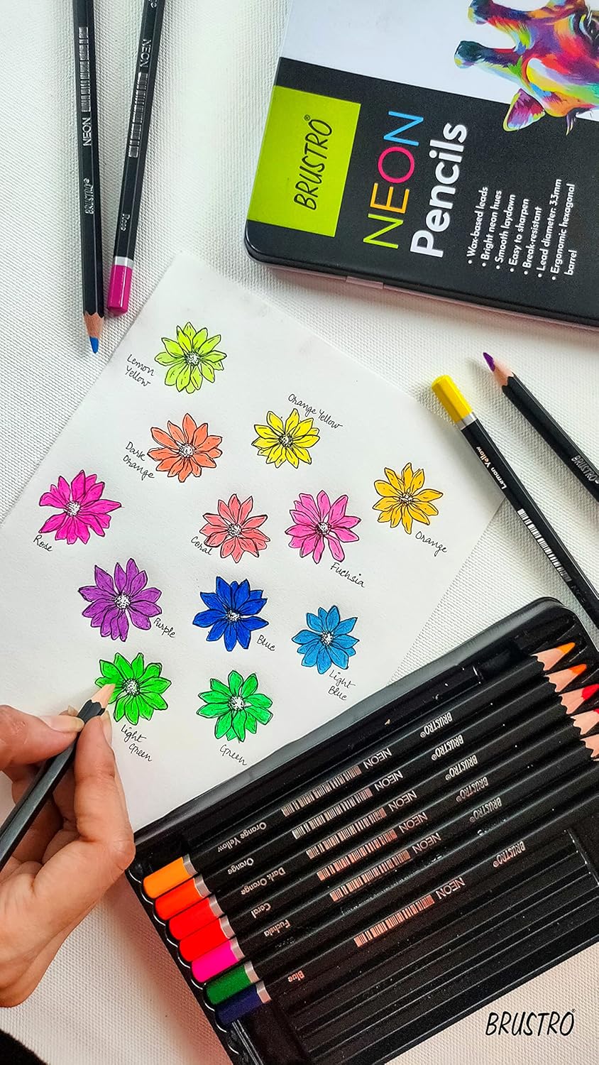 BRUSTRO Neon Colour Pencils 12 Tin |Multicolour| 3.3mm | Lead Strength, Ideal for Colouring, Painting, Layering, Use on Fabrics, Wax-Based | Set of 12 | (in Elegant tin Box)