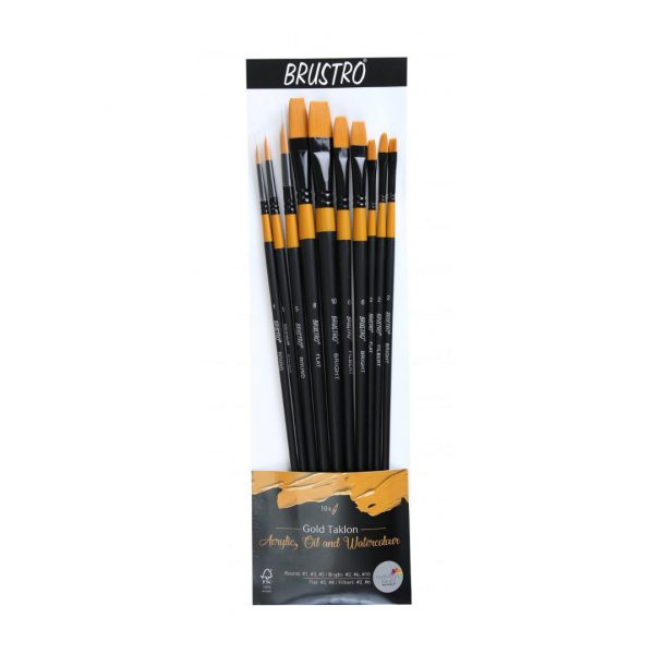 BRUSTRO Artist’ Gold Taklon Set Of 10 Brushes for Acrylics, Oil and Watercolour