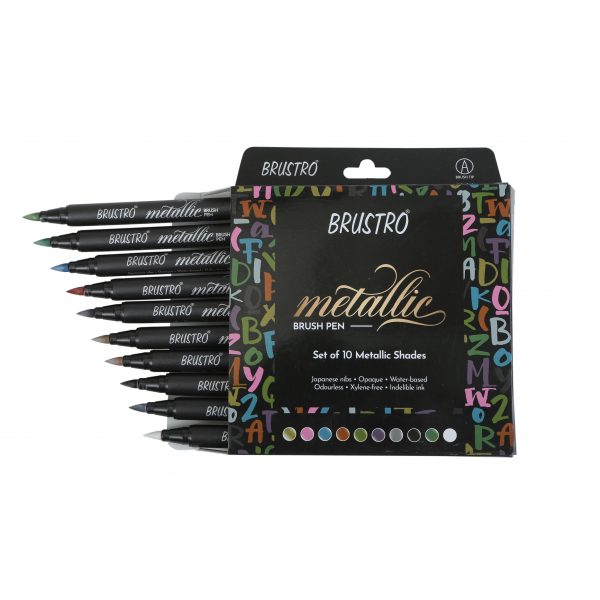 BRUSTRO Metallic Brush Pens – Soft Brush Tip for Calligraphy, Hand Lettering, Colouring, Scrapbooking, Card Making – Set of 10 Colours.