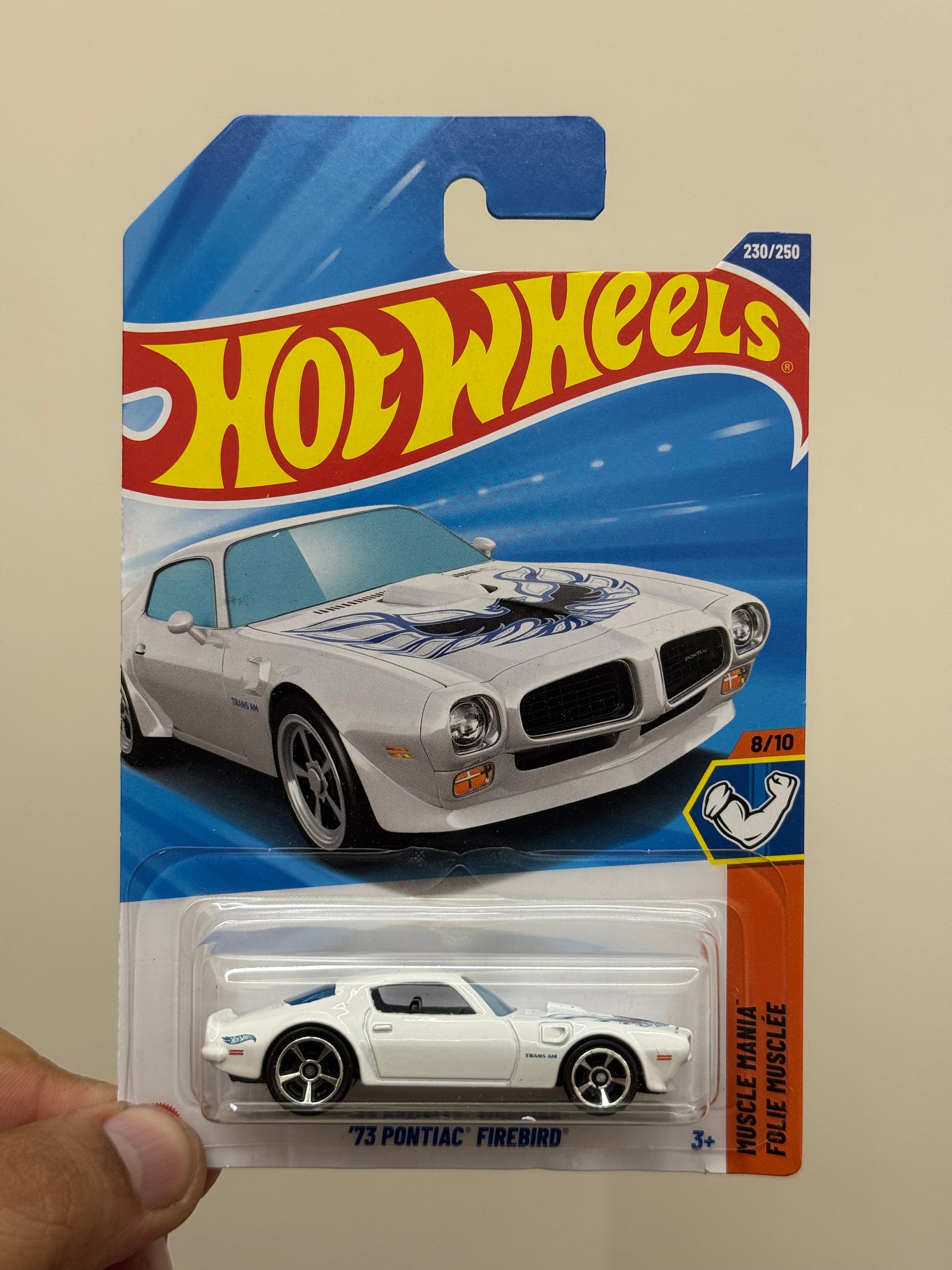 Hot Wheels Pontiac Firebird '73 (JBB41) - Muscle Mania 8/10, color blanco con diseño de capó Firebird, escala 1:64, modelo de licencia GM 2025 Hot Wheels Pontiac Firebird '73 (JBB41) - Muscle Mania 8/10, color blanco con diseño de capó Firebird, escala 1:64, modelo de licencia GM 2025