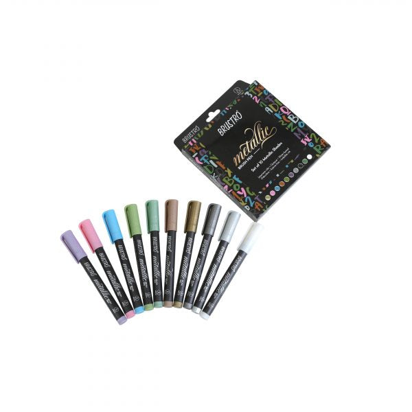 BRUSTRO Metallic Brush Pens – Soft Brush Tip for Calligraphy, Hand Lettering, Colouring, Scrapbooking, Card Making – Set of 10 Colours.