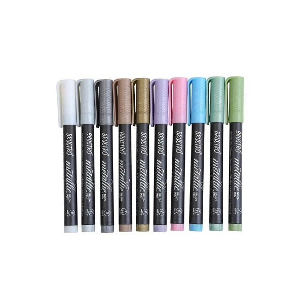 BRUSTRO Metallic Brush Pens – Soft Brush Tip for Calligraphy, Hand Lettering, Colouring, Scrapbooking, Card Making – Set of 10 Colours.