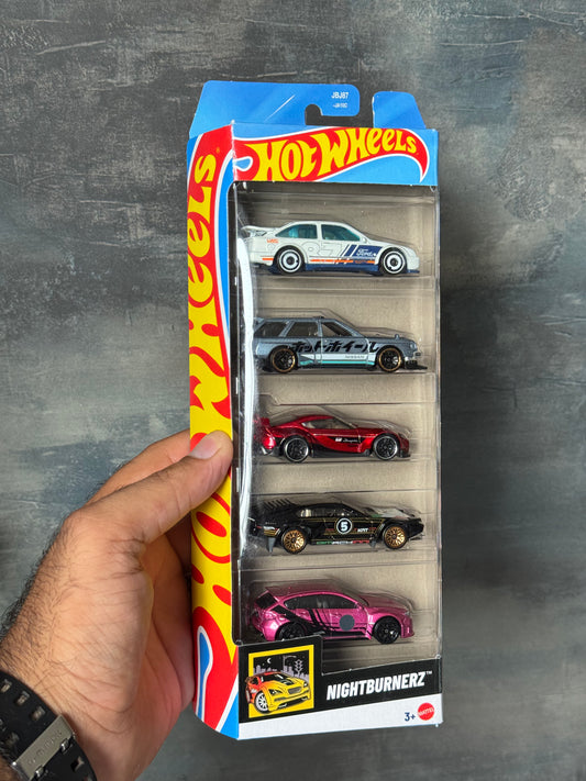 Hot Wheels Pack of 5 - NightBurnerz, Ford , Nissan , Toyota Supra Metallic nd 2 more