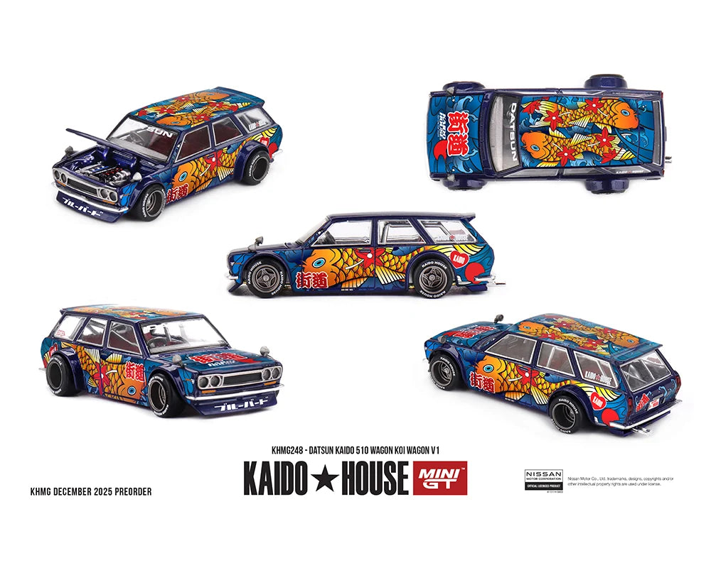 Mini GT Kaido House x Mini GT Datsun KAIDO 510 Wagon Koi Wagon V1- Blue #KHMG248
