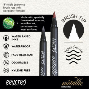 BRUSTRO Metallic Brush Pens – Soft Brush Tip for Calligraphy, Hand Lettering, Colouring, Scrapbooking, Card Making – Set of 10 Colours.