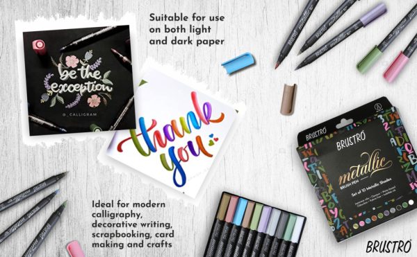BRUSTRO Metallic Brush Pens – Soft Brush Tip for Calligraphy, Hand Lettering, Colouring, Scrapbooking, Card Making – Set of 10 Colours.